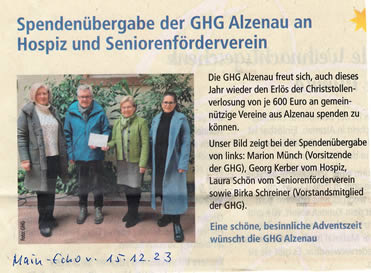 Spendenübergabe der GHG Alzenau an Hospiz und Seniorenförderverein Alzenau